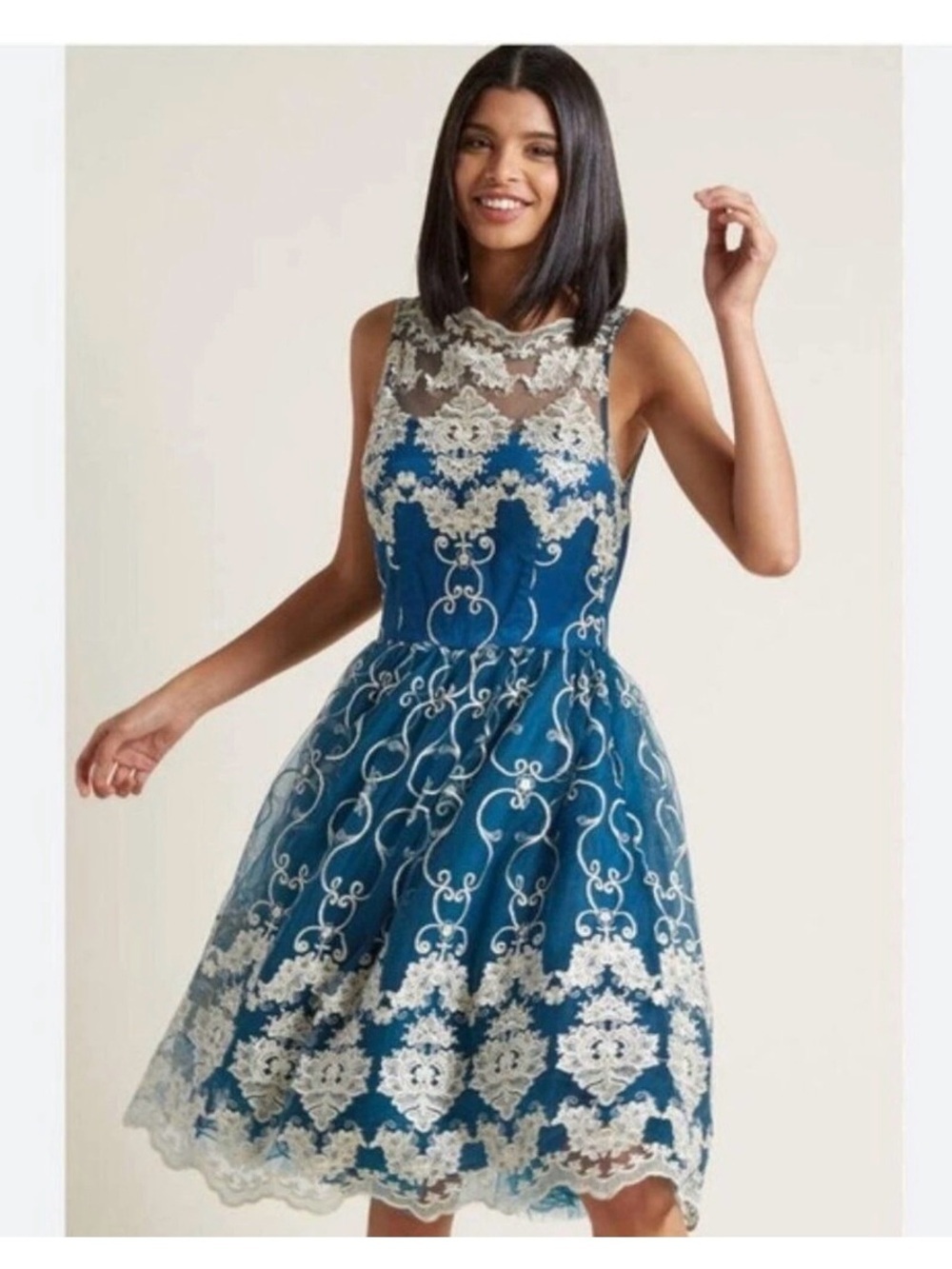 Chi Chi London Sleeveless Reign or Shine Teal Metallic Lace Dress Size 10 Lined